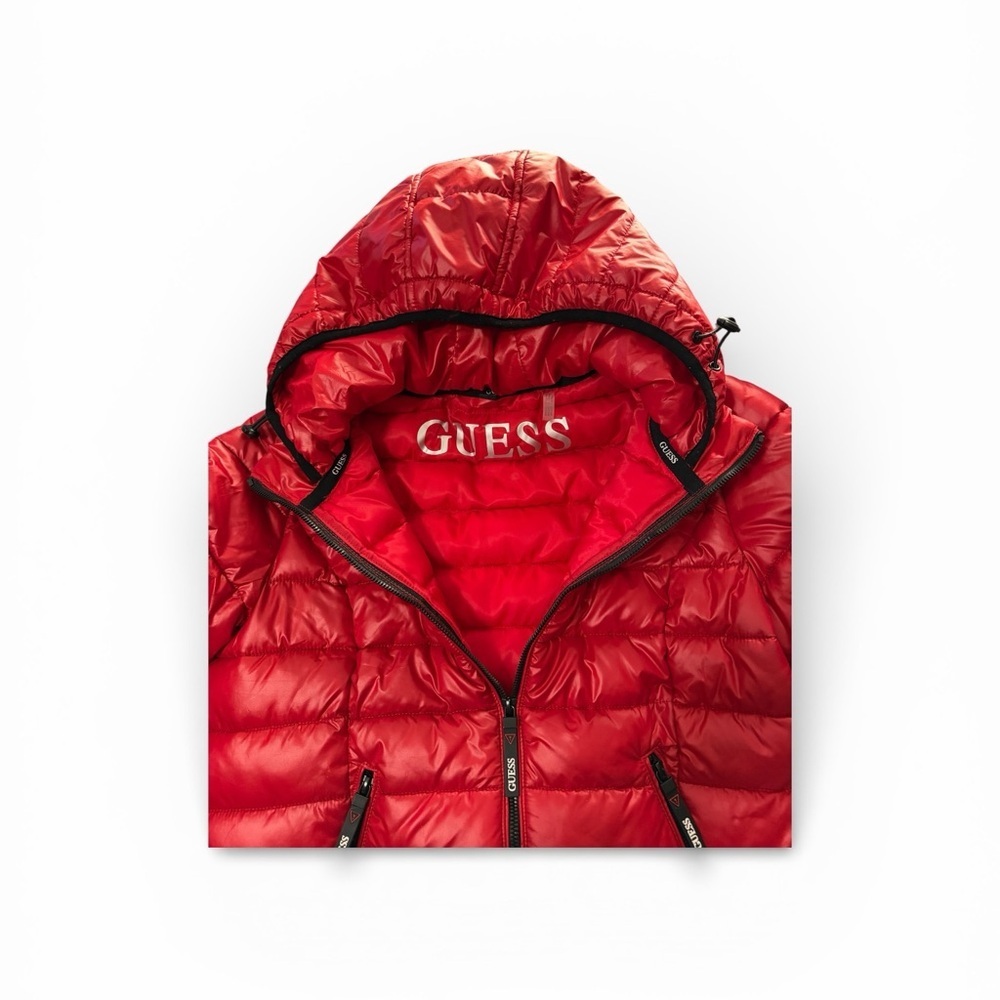 NEW GUESS Red black & white trim Puffer Jacket Hood sz. Medium *Warm*Trendy - Picture 3 of 9